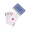 A stack of white playing cards and a single blue patterned card are shown on a white background.