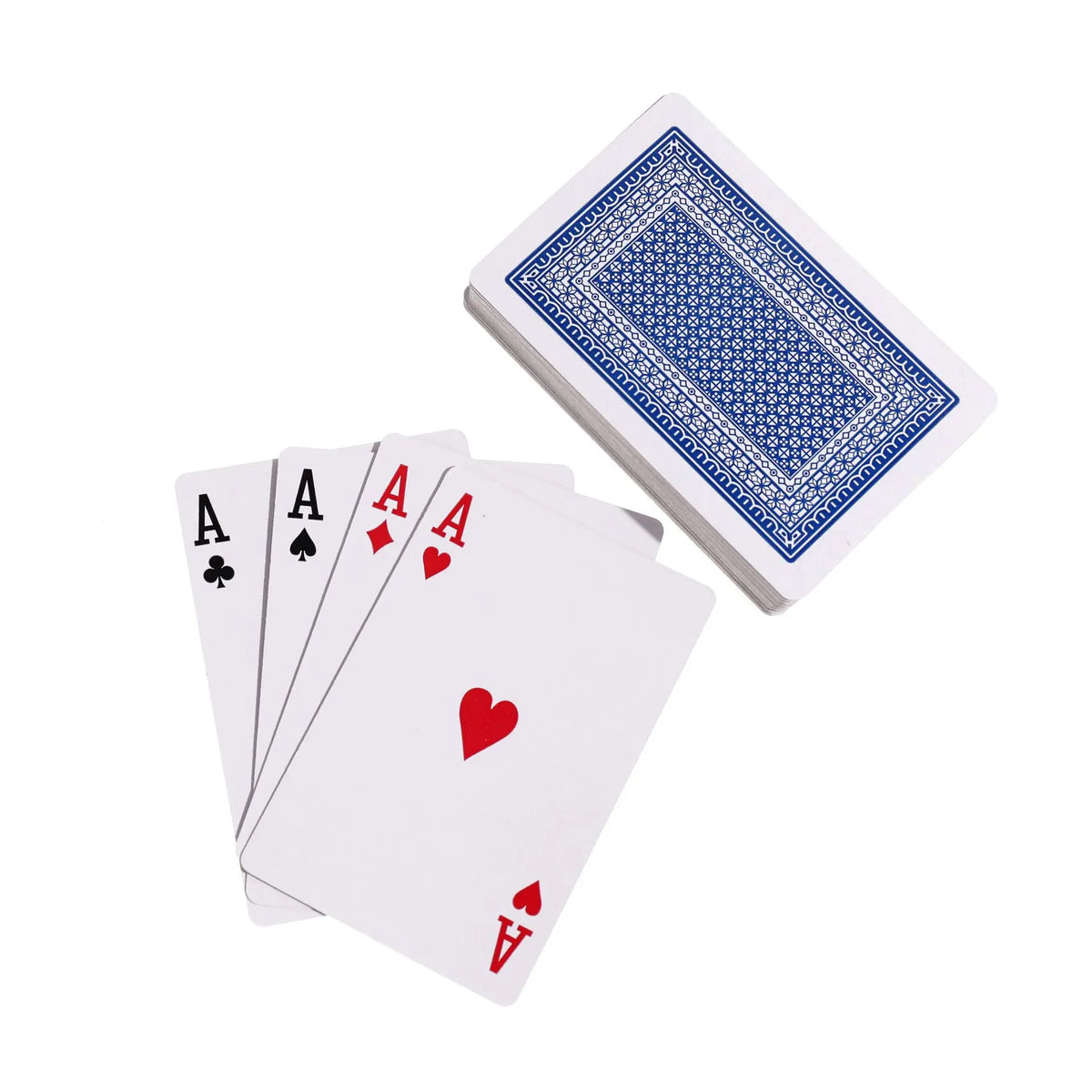 A stack of white playing cards and a single blue patterned card are shown on a white background.