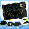 A black LCD writing tablet showing a green dinosaur drawing on the screen with various accessories.