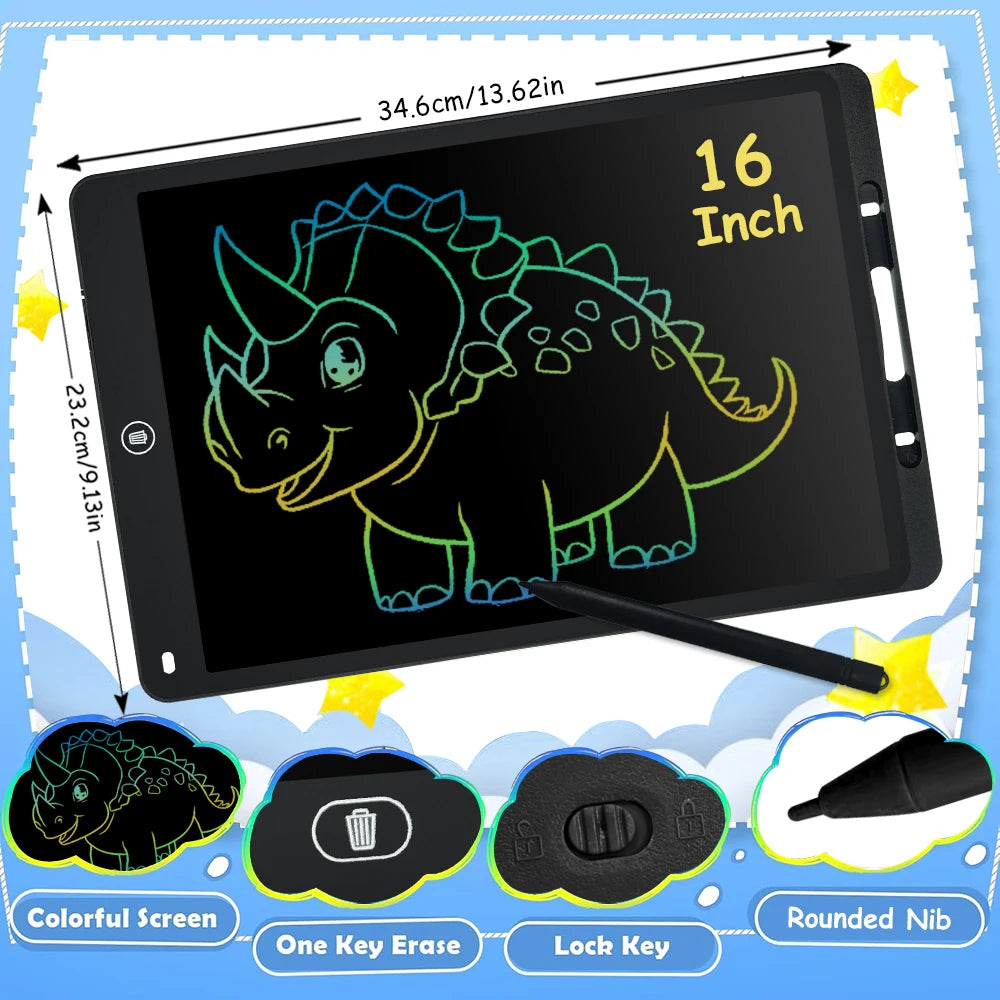 A black LCD writing tablet showing a green dinosaur drawing on the screen with various accessories.