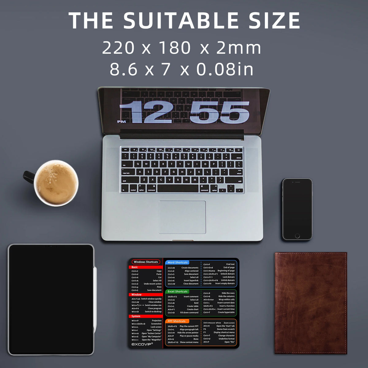 حاسوب محمول بجانب لوحة ماوس وهاتف ذكي، بأبعاد 220x180x2 ملم.