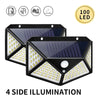 A black solar powered wall light with 100 LEDs featuring four-sided illumination and a motion sensor.