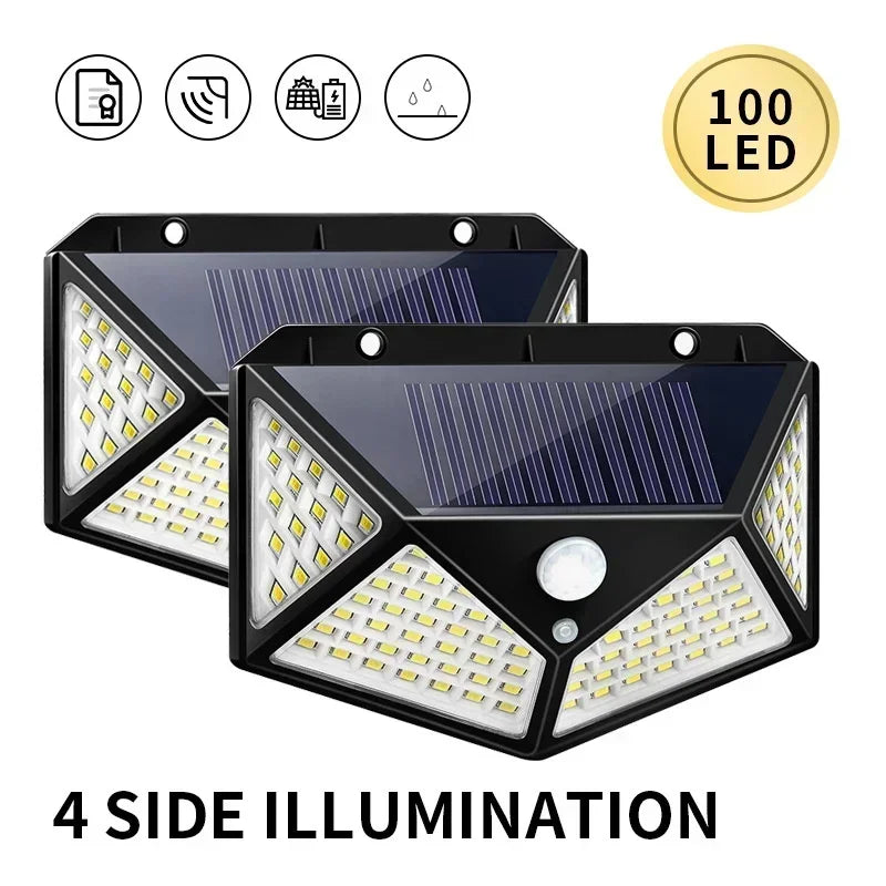 A black solar powered wall light with 100 LEDs featuring four-sided illumination and a motion sensor.