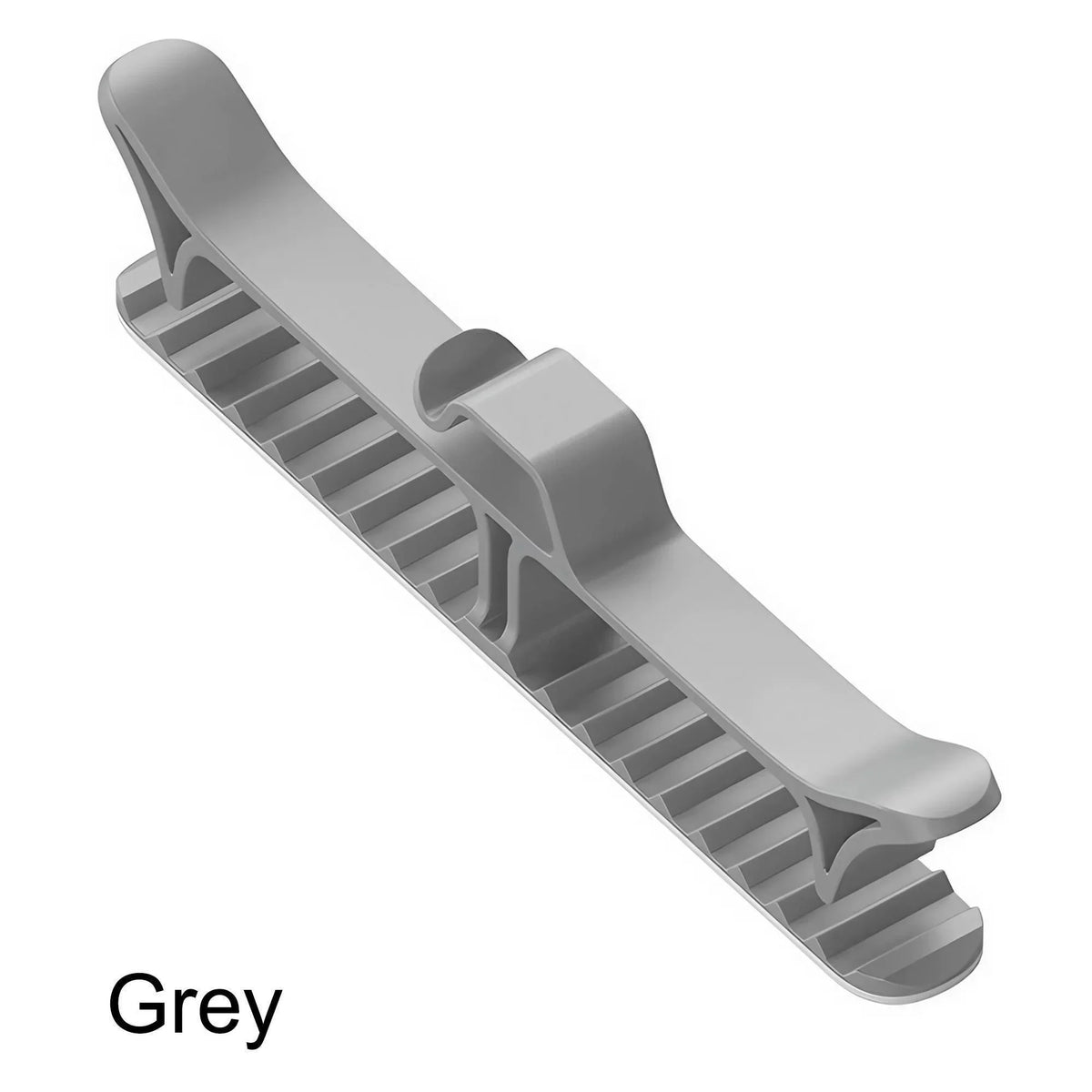 A grey countertop cable organizer with an adhesive mount, shown in a side view.