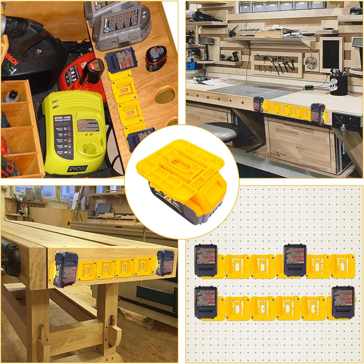 Yellow wall mount battery holder for Dewalt 20V DCB200 and DCB203 batteries