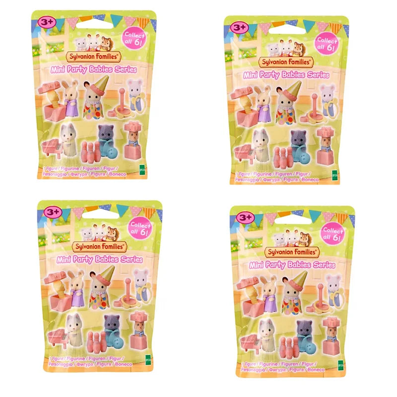 A set of Sylvanian Families Mini Party Babies Series figures with food accessories in various colors and packaging.