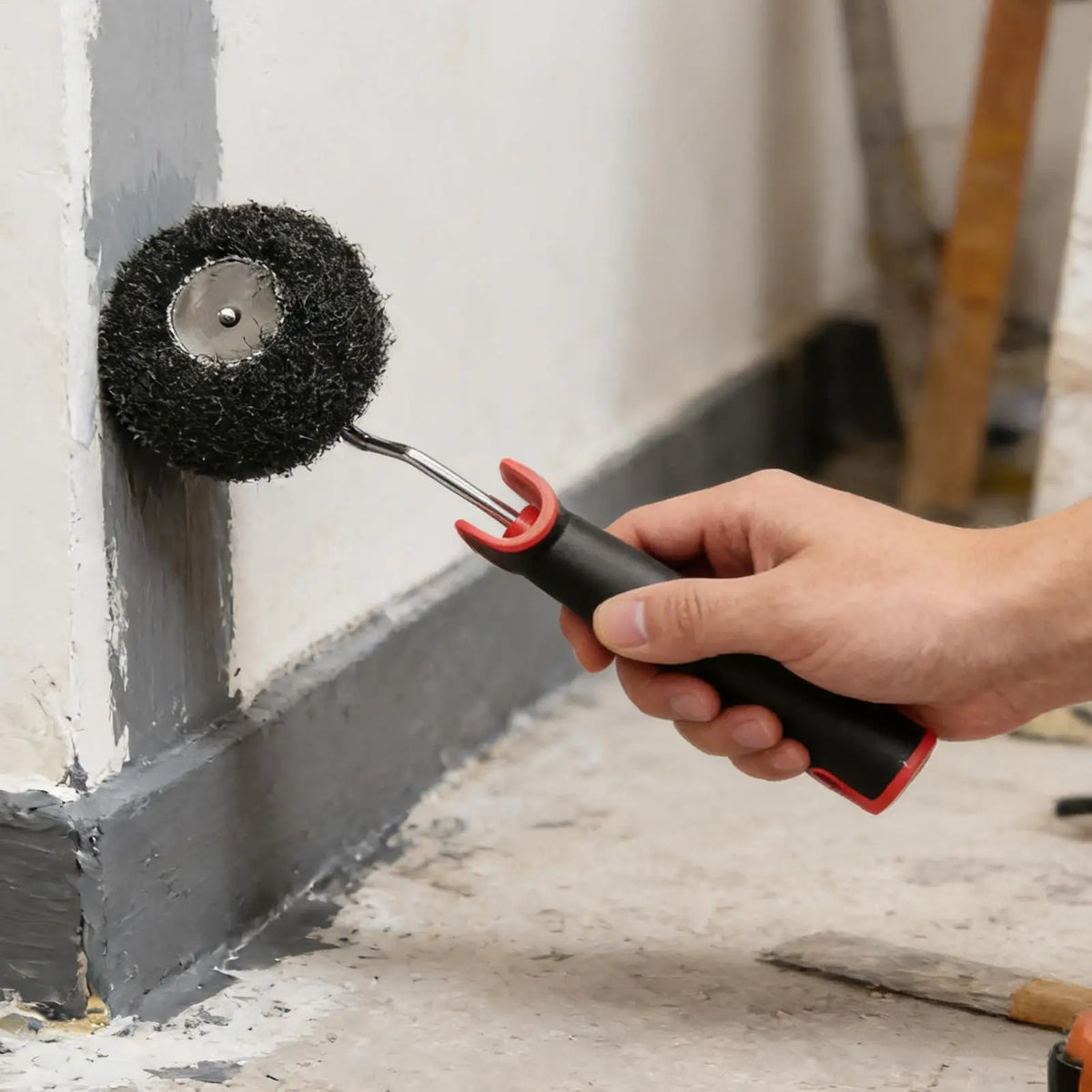 Eine Hand hält einen Lackierpinsel mit einem schwarzen, flauschigen Roller an einem Metallgriff und trägt Farbe auf eine Wand