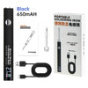 Black portable soldering iron with 650mAh battery and USB charging cable shown next to its packaging.