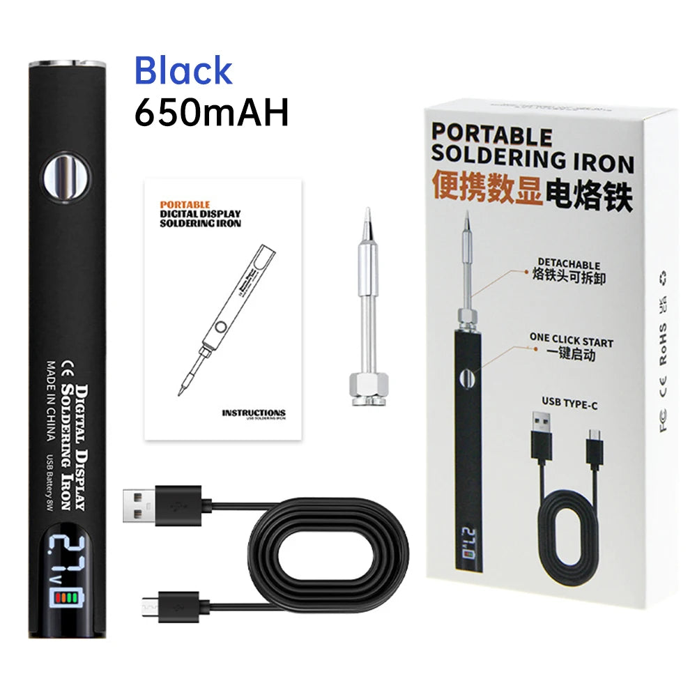 Black portable soldering iron with 650mAh battery and USB charging cable shown next to its packaging.