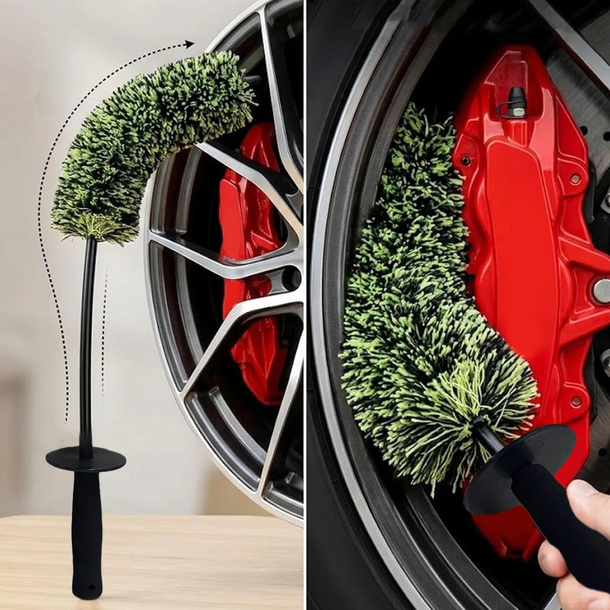 A red wheel barrel brush with a green bristled head is shown inside a tire, demonstrating its use.