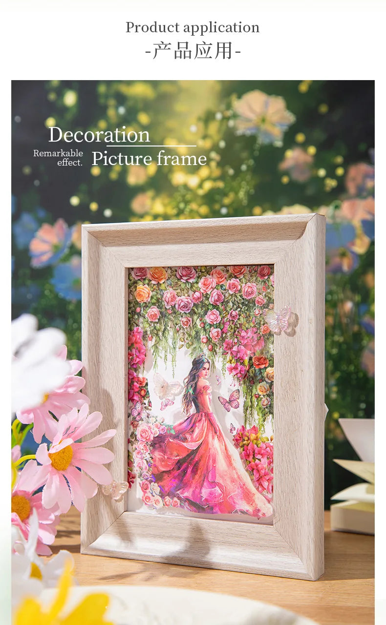 A wooden picture frame decorated with a floral vine pattern featuring pink and red roses and greenery.