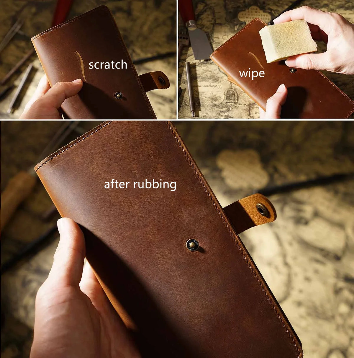 Vintage Leather Long Bifold Wallet with Snap Closure