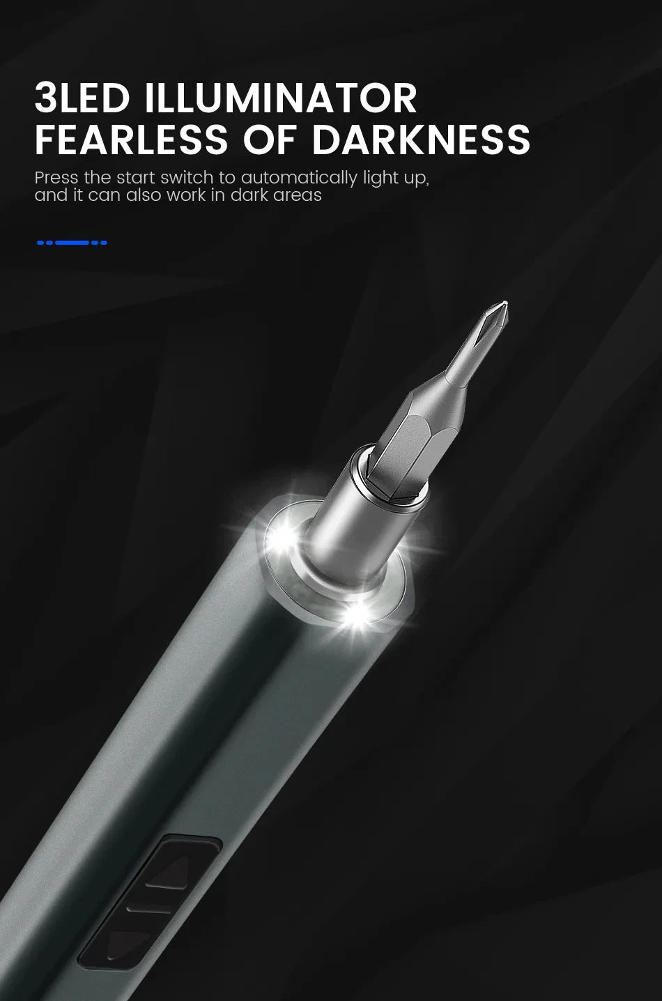 A close-up view of a cordless precision screwdriver with an illuminated tip against a dark background.