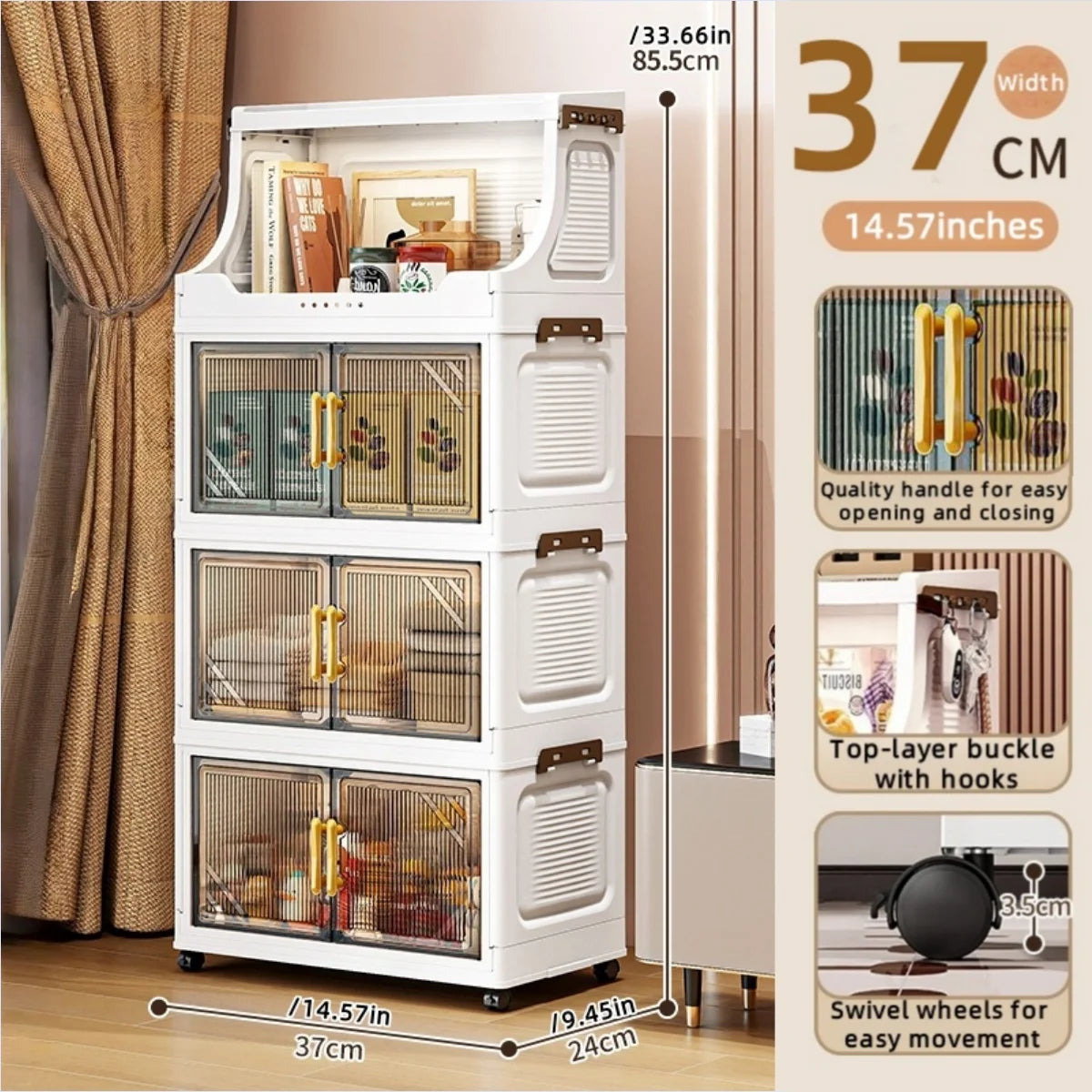 White foldable double-door storage cabinet with glass doors and swivel wheels for easy movement
