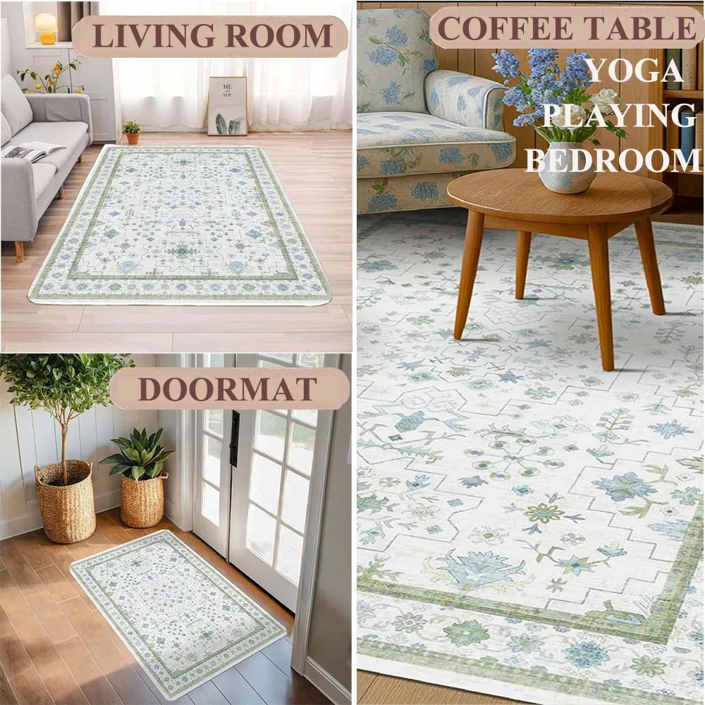 A collection of area rugs featuring a jungle tiger print design in various shades of green and white.