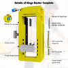 Details of a yellow hinge router template showing various components like bit sets, guides, and stops for door hinge installa