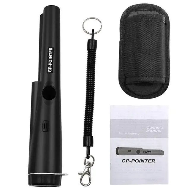 Black GP-Pointer handheld metal detector with a lanyard and owner's manual