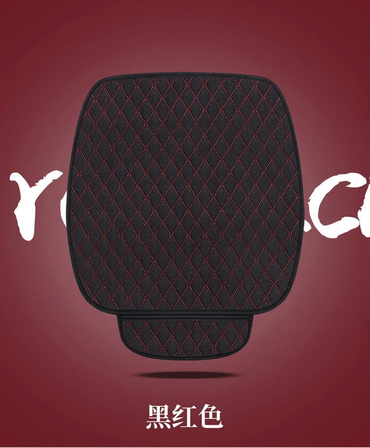 Black and red quilted car seat cover set shown against a maroon background.