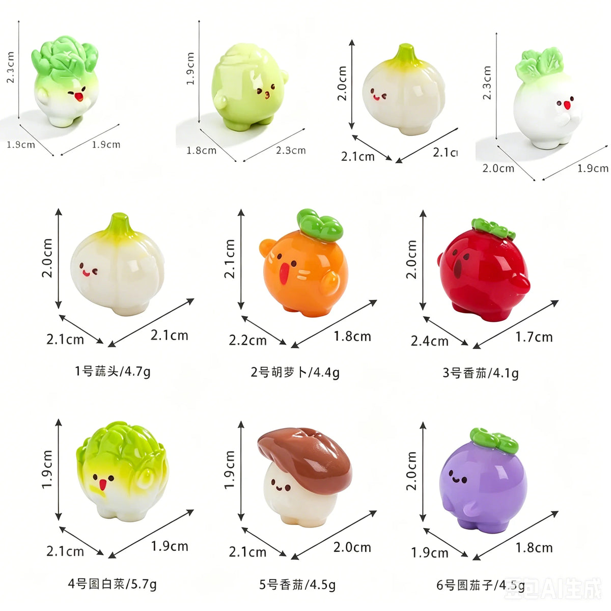 A collection of six hand-painted resin vegetable figurines, including a lemon, a carrot, and various gourds, for fairy garden