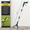 A black and blue foldable grabber reacher tool with a long shaft and magnetic swivel head is shown against a white background