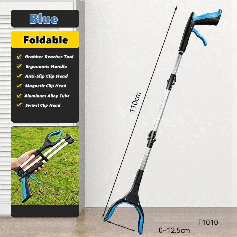 A black and blue foldable grabber reacher tool with a long shaft and magnetic swivel head is shown against a white background