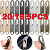 A collection of 20 zipper pulls in various colors and finishes, including metal and plastic options.