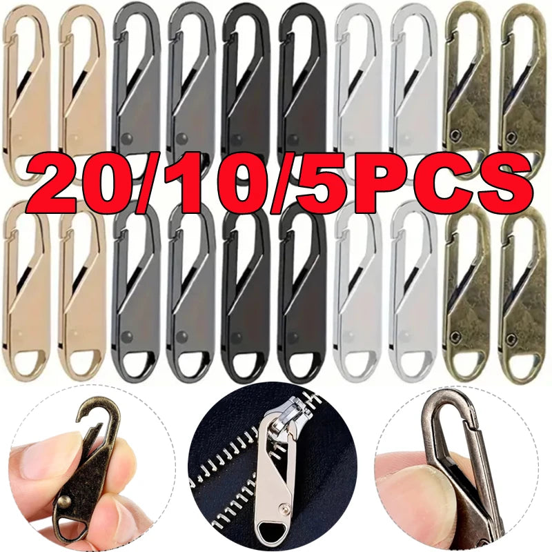A collection of 20 zipper pulls in various colors and finishes, including metal and plastic options.