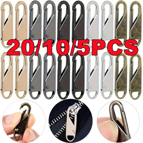 A collection of 20 zipper pulls in various colors and finishes, including metal and plastic options.
