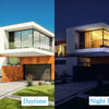 Daytime and night effect images of a modern house featuring silver one-way mirror window film.