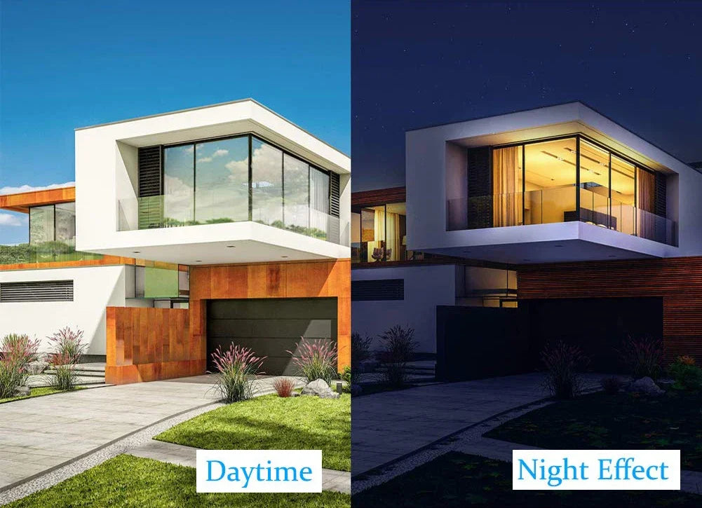 Daytime and night effect images of a modern house featuring silver one-way mirror window film.