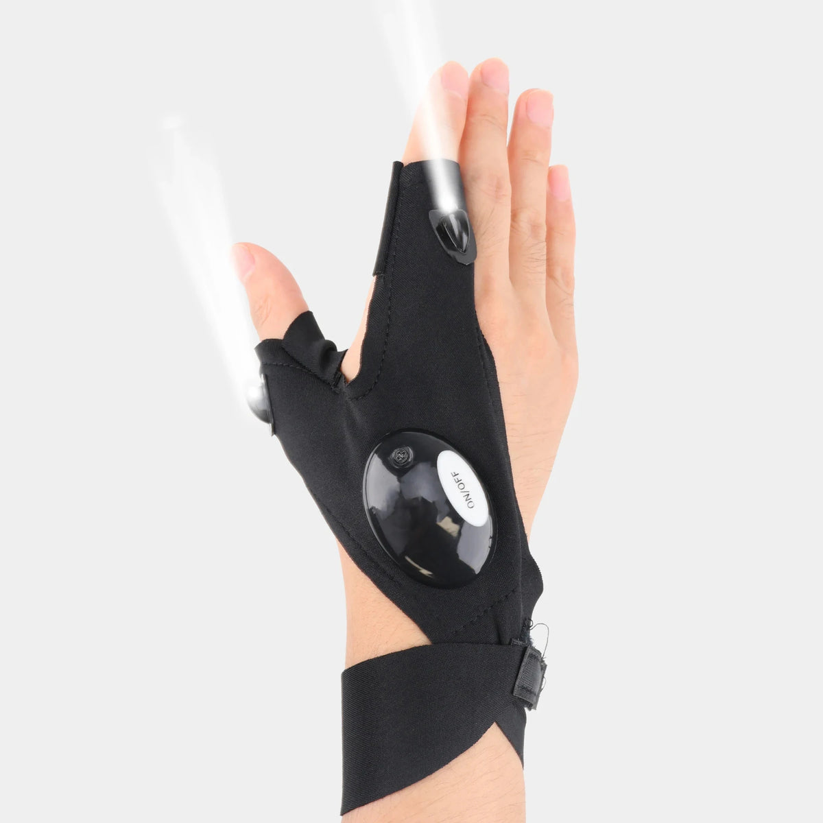 A hand wearing black waterproof LED half-finger gloves with an adjustable strap, demonstrating light beams.