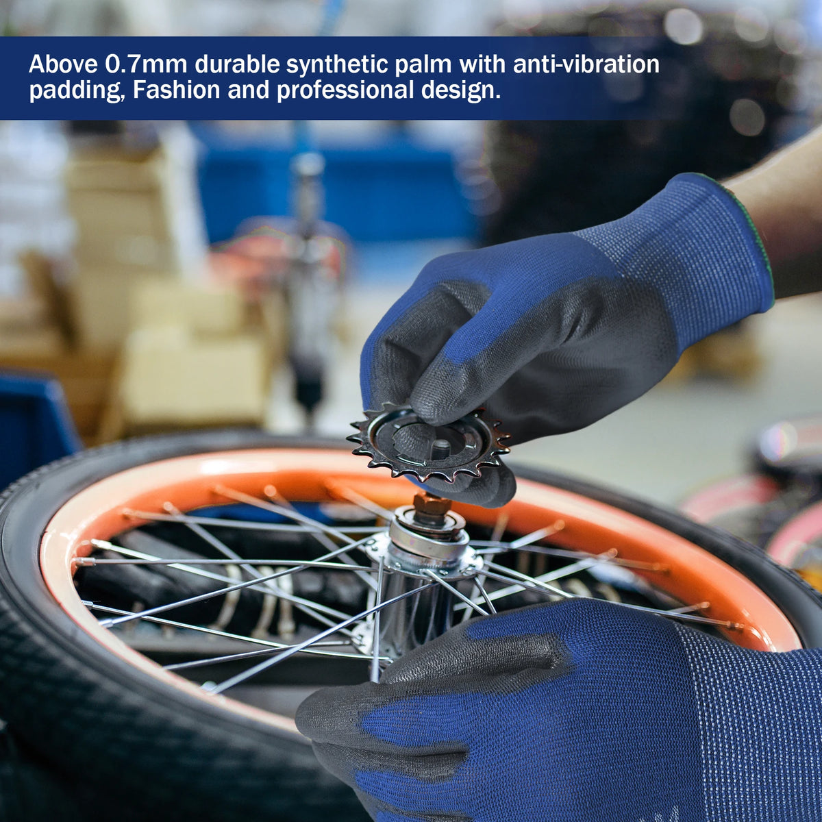 A hand wearing a blue work glove is using a tool to adjust a bicycle wheel.