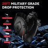 A black welding helmet is shown against a dark, rocky background, highlighting its military-grade drop protection features.