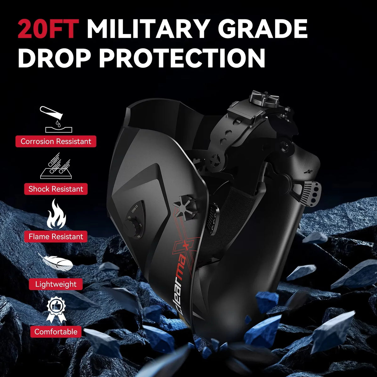 A black welding helmet is shown against a dark, rocky background, highlighting its military-grade drop protection features.
