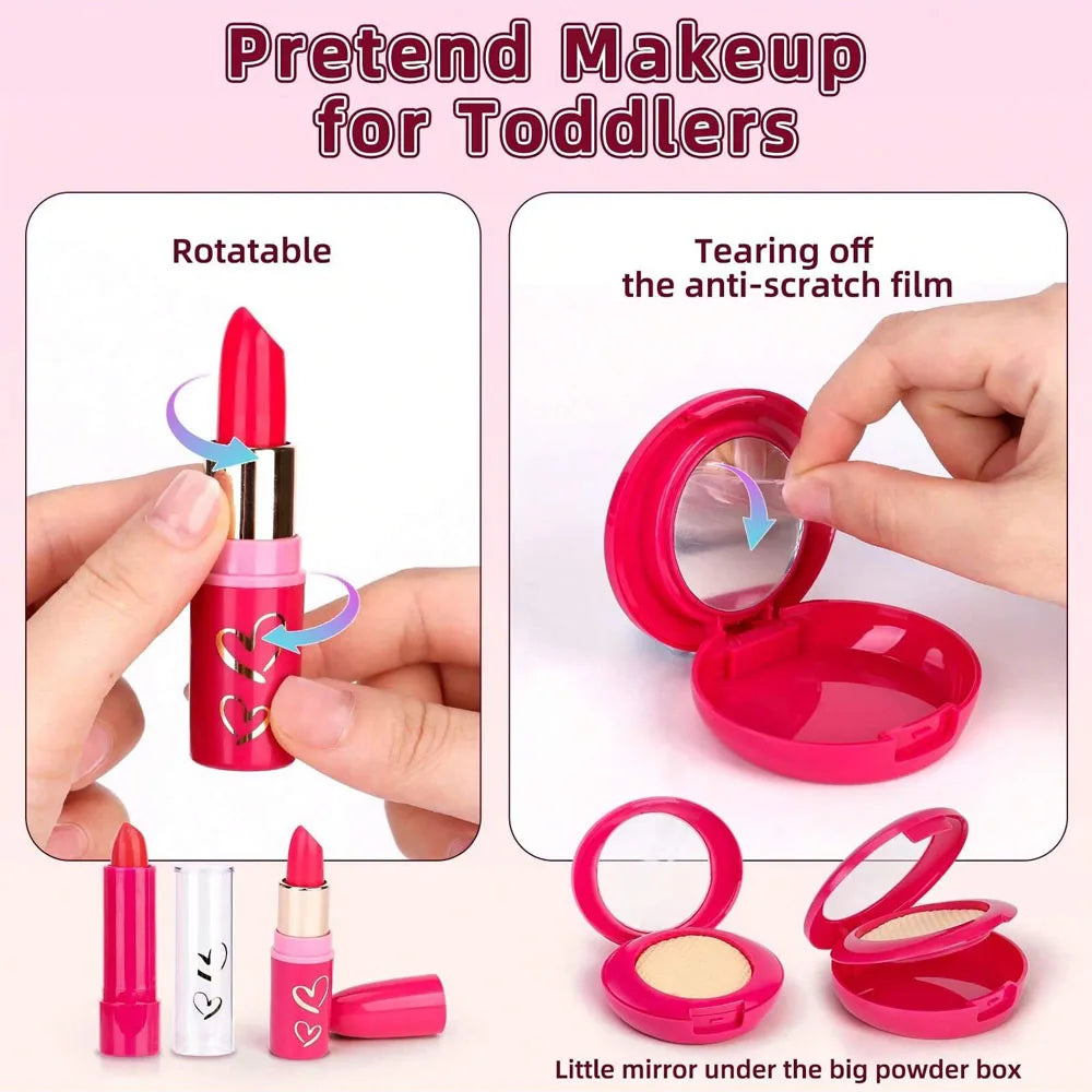 A pink pretend makeup kit for toddlers featuring a rotatable lipstick and a mirror.