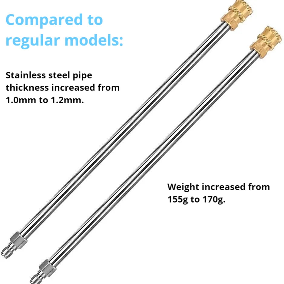 Comparison showing a stainless steel pressure washer extension wand with increased thickness and weight.
