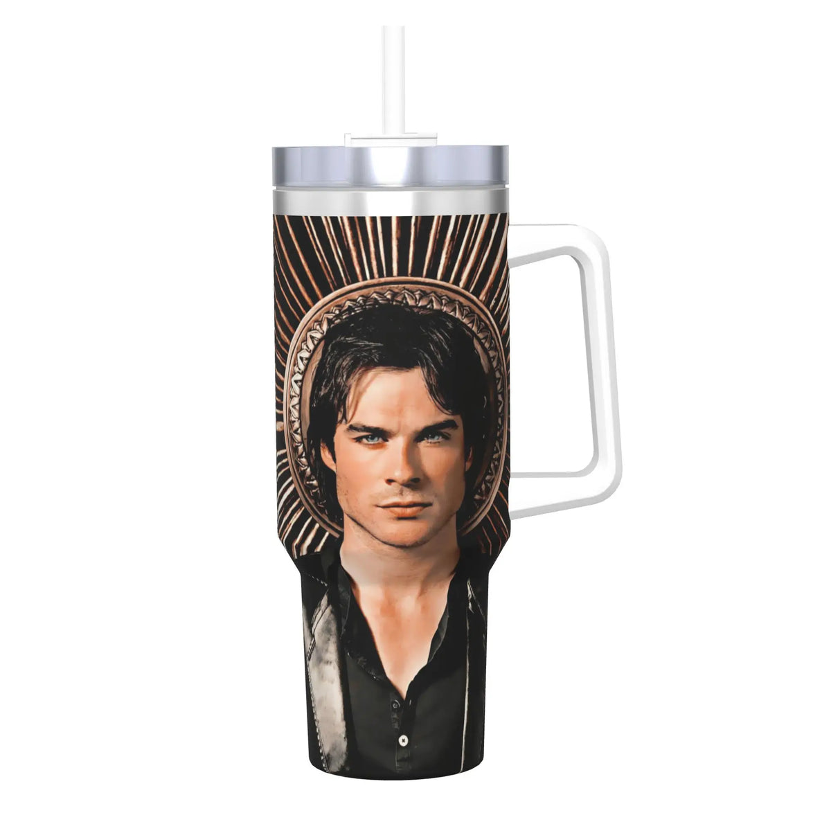 Insulated stainless steel tumbler featuring a portrait of a man with dark hair and intense eyes.