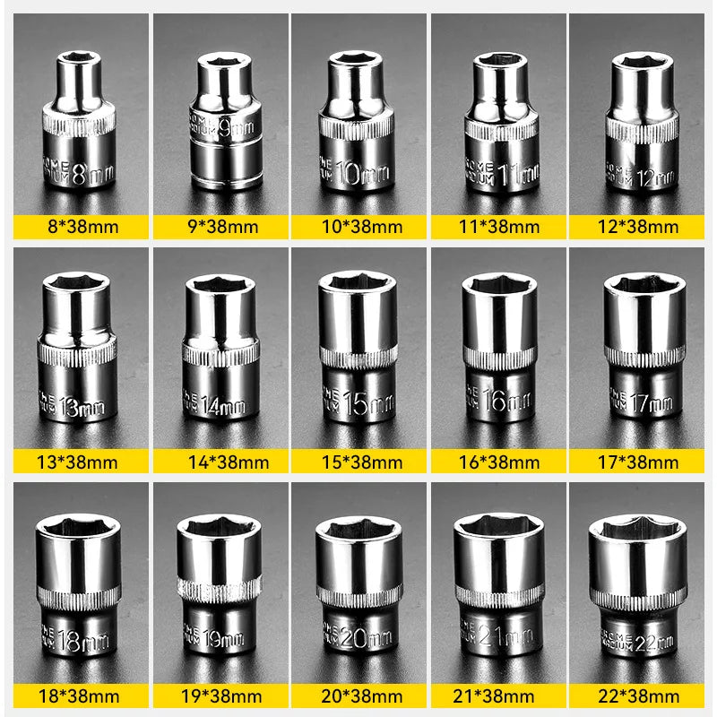 A set of chromium-vanadium steel sockets and wrenches with various sizes ranging from 8mm to 22mm.