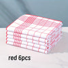A stack of six red and white checkered lint-free dish cloths or kitchen towels.