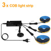 Three sets of blue and yellow COB light strips with connectors and power sources