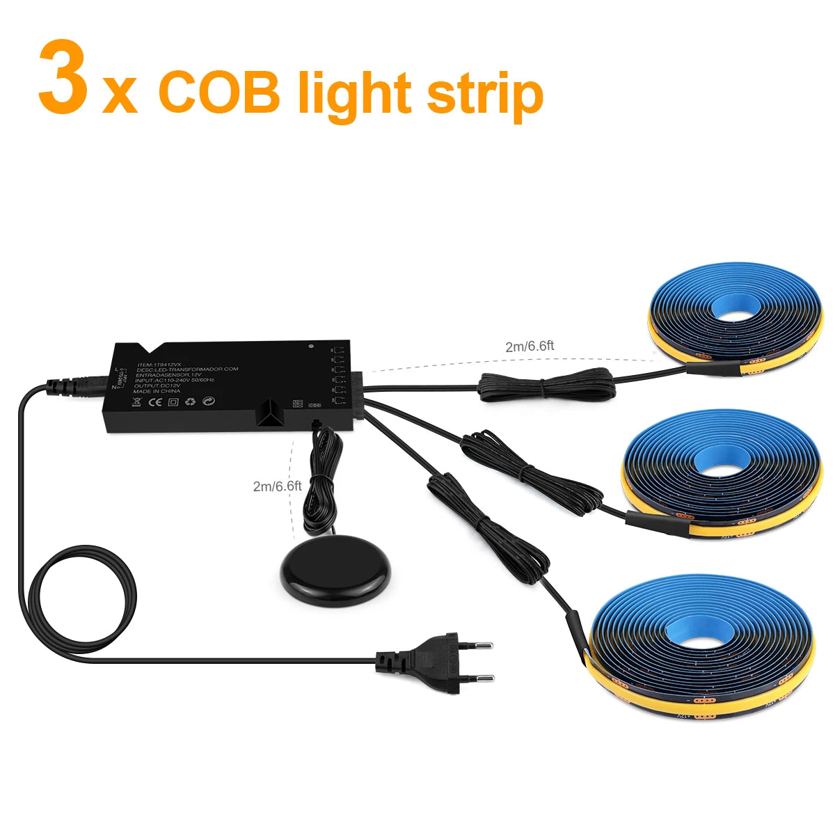 Three sets of blue and yellow COB light strips with connectors and power sources
