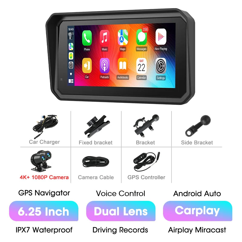 5/6.25 Inch Waterproof Motorcycle GPS with CarPlay and Android Auto