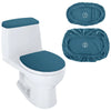 A white toilet with a blue stretchable seat cover and tank cover set shown next to the individual covers.