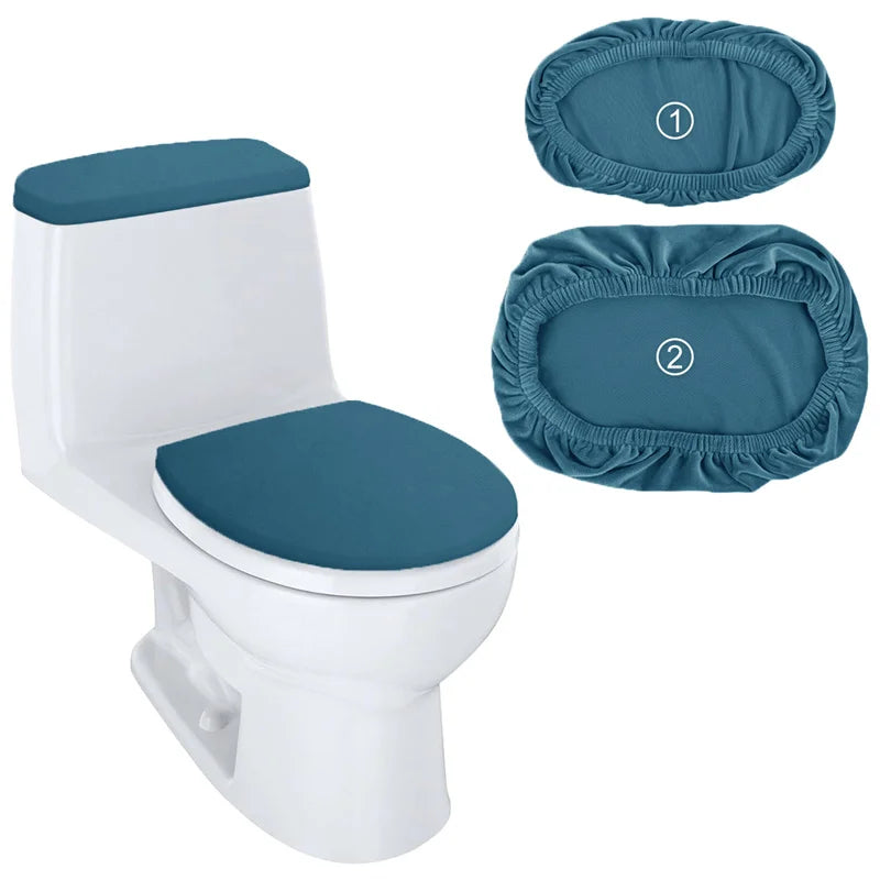 A white toilet with a blue stretchable seat cover and tank cover set shown next to the individual covers.