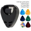 Black adhesive guitar pick holder with six celluloid picks in various colors