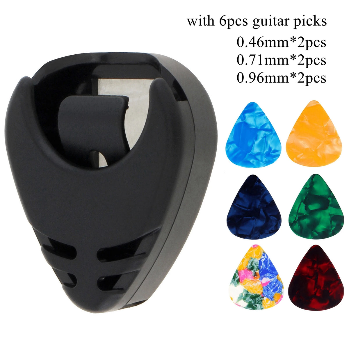 Black adhesive guitar pick holder with six celluloid picks in various colors