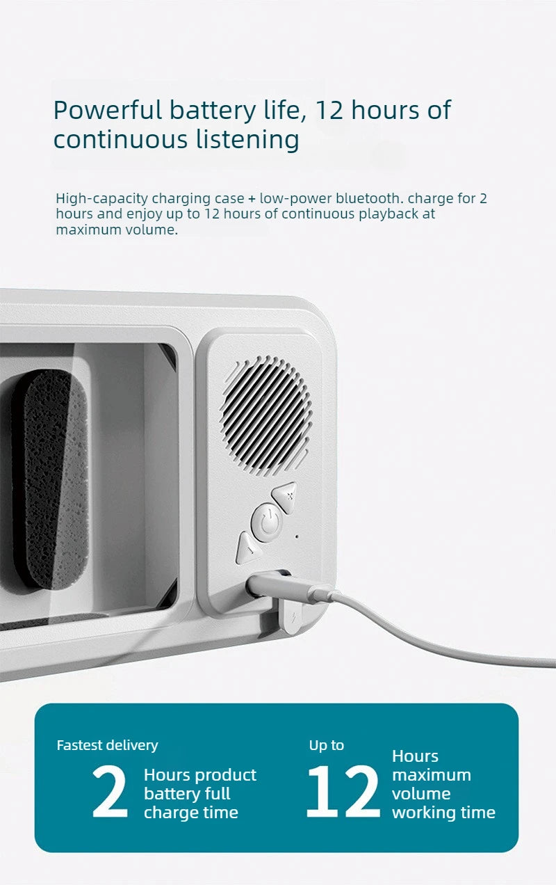 A white waterproof shower phone holder with a built-in Bluetooth speaker and charging port is shown.