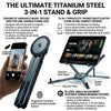 A titanium steel 3-in-1 stand and grip for a smartphone, featuring magnetic attachment and foldable design.