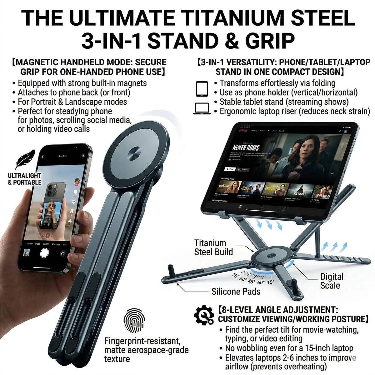 A titanium steel 3-in-1 stand and grip for a smartphone, featuring magnetic attachment and foldable design.