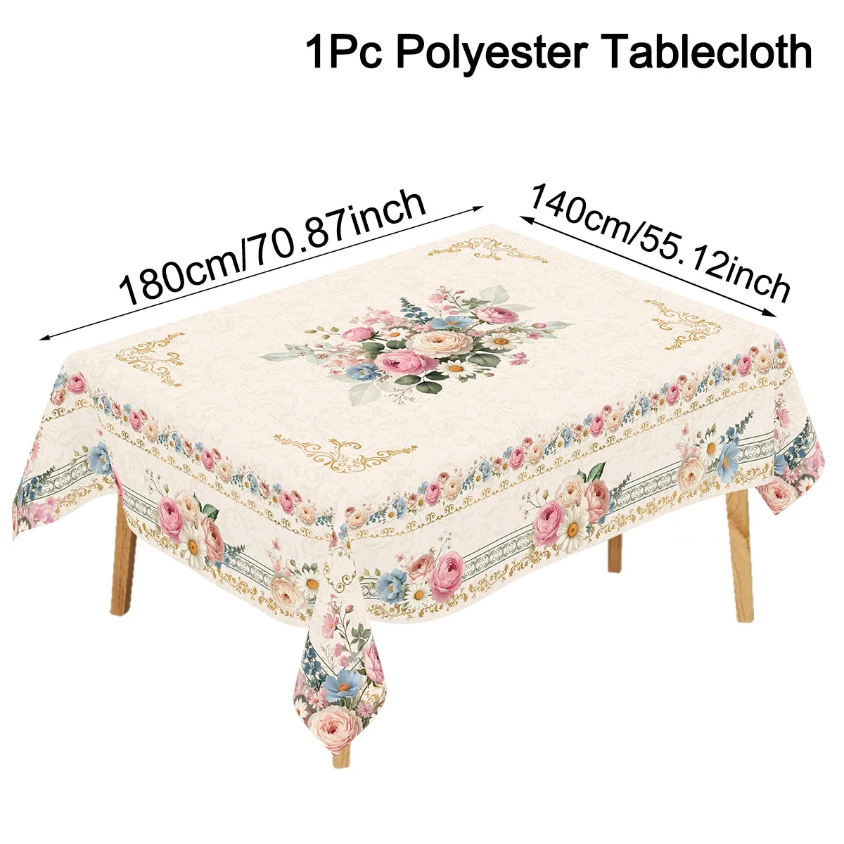 A beige polyester tablecloth with a floral pattern and pink accents, shown spread out on a table.